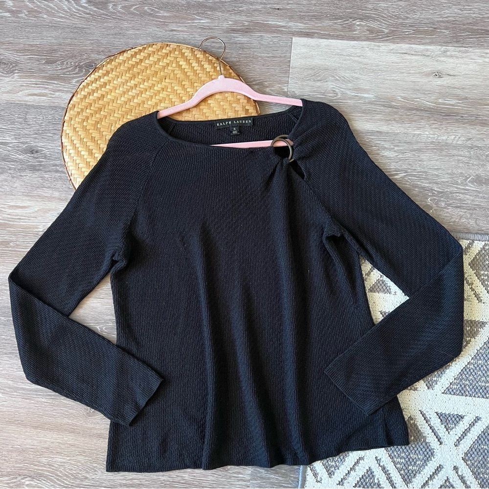 Ralph Lauren black label 100% linen black blouse w/‎ metal ring cut out size XL